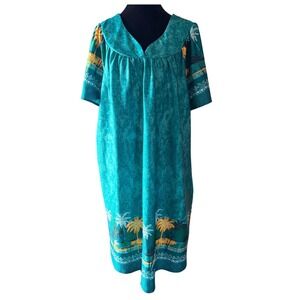 Anthony Richards Womens 2X Teal Tropical Palm Tree Muumuu House Dress Pockets